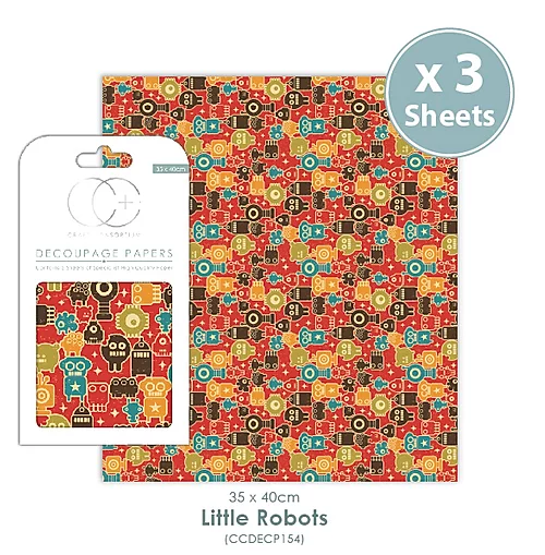Craft Consortium© 3 x Decoupage Specialist Paper Sheets - Little Robots