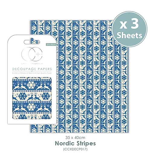 Craft Consortium© 3 x Decoupage Specialist Paper Sheets - Nordic Stripes