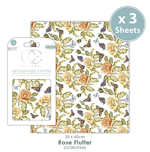 Craft Consortium© 3 x Decoupage Specialist Paper Sheets - Rose Flutter