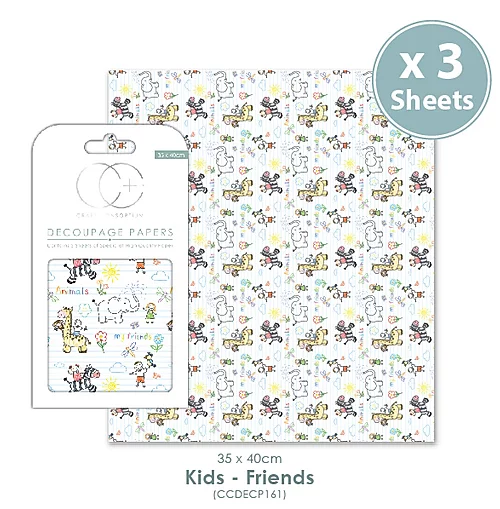 Craft Consortium© 3 x Decoupage Specialist Paper Sheets - Kids, Friends