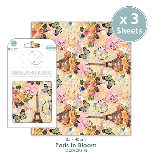 Craft Consortium© 3 x Decoupage Specialist Paper Sheets - Paris in Bloom